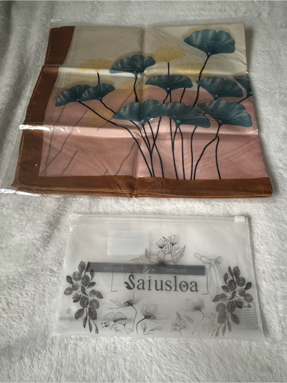 Floral Square Scarf /Neck Scarf in Teal and Blush with Brown Border